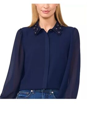 NWT CeCe Navy Floral Appliqué Collar Blouse
